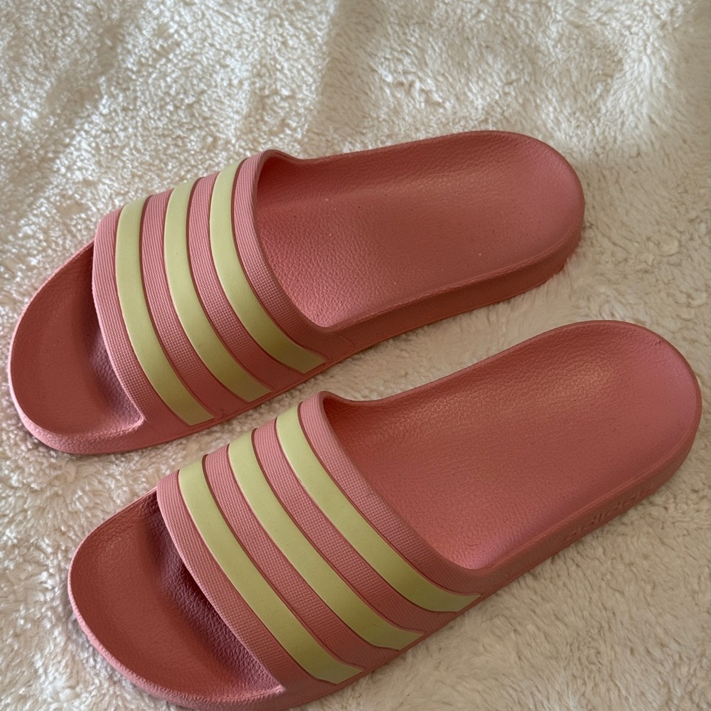 Adidas Pink Slide Sandals with Cream Stripes